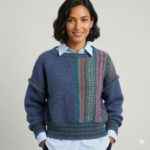 Vintage Handmade Multi Blue Cropped Boxy Wool Sweater - Small / Medium 🇨🇦